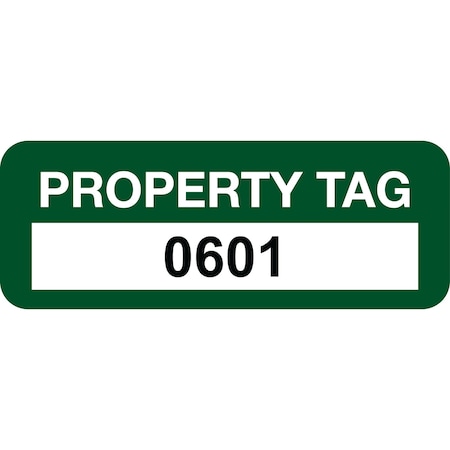 Lustre-Cal Property ID Label PROPERTY TAG Polyester Green 2in x 0.75in Serialized 0601-0700, 100PK 253744Pe1G0601